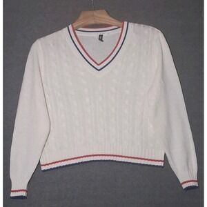 Divided Tennis Cricket Sweater Ivory Cable Knit V-Neck Womens Size Large